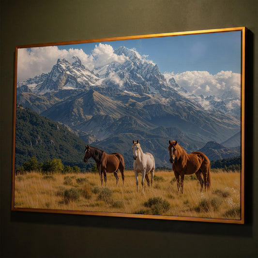 Grazing Horses in Alpine Light Canvas shown in antique gold floating frame