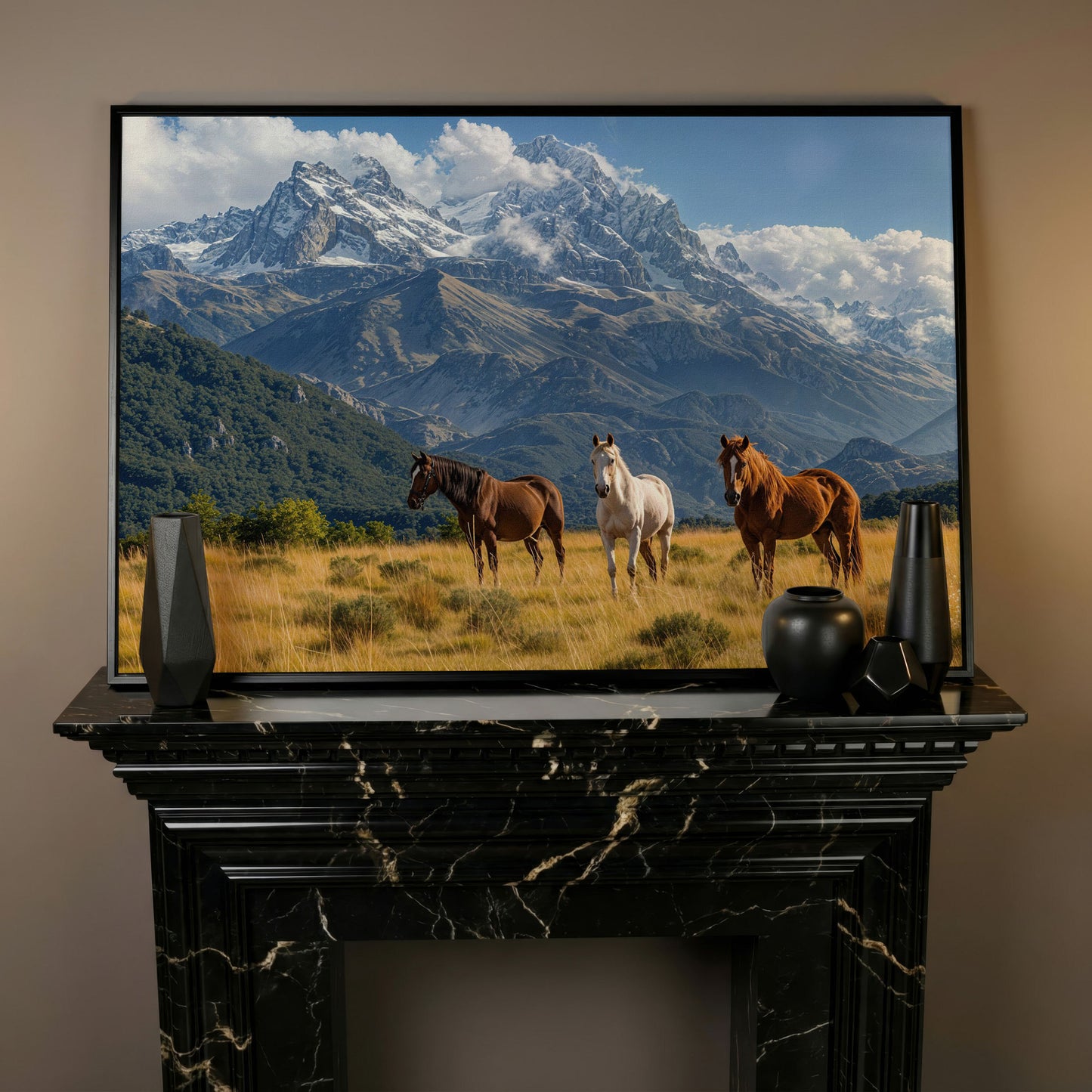 Grazing Horses in Alpine Light Canvas in black floating frame