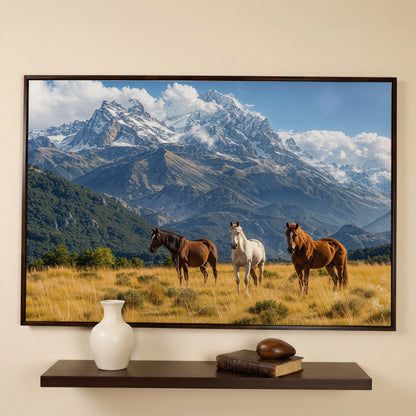 Grazing Horses in Alpine Light Canvas in dark walnut floating frame