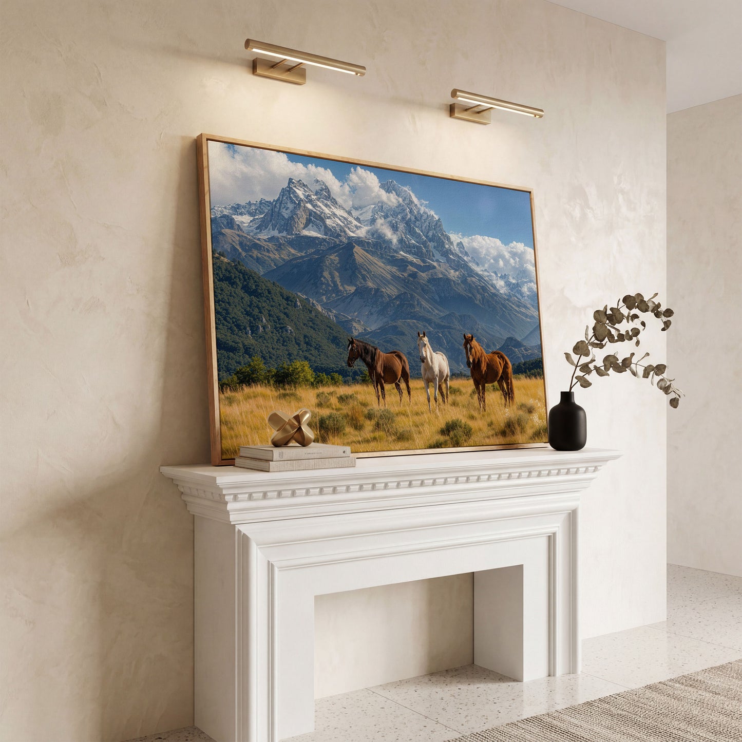 Grazing Horses in Alpine Light Canvas in white oak floating frame