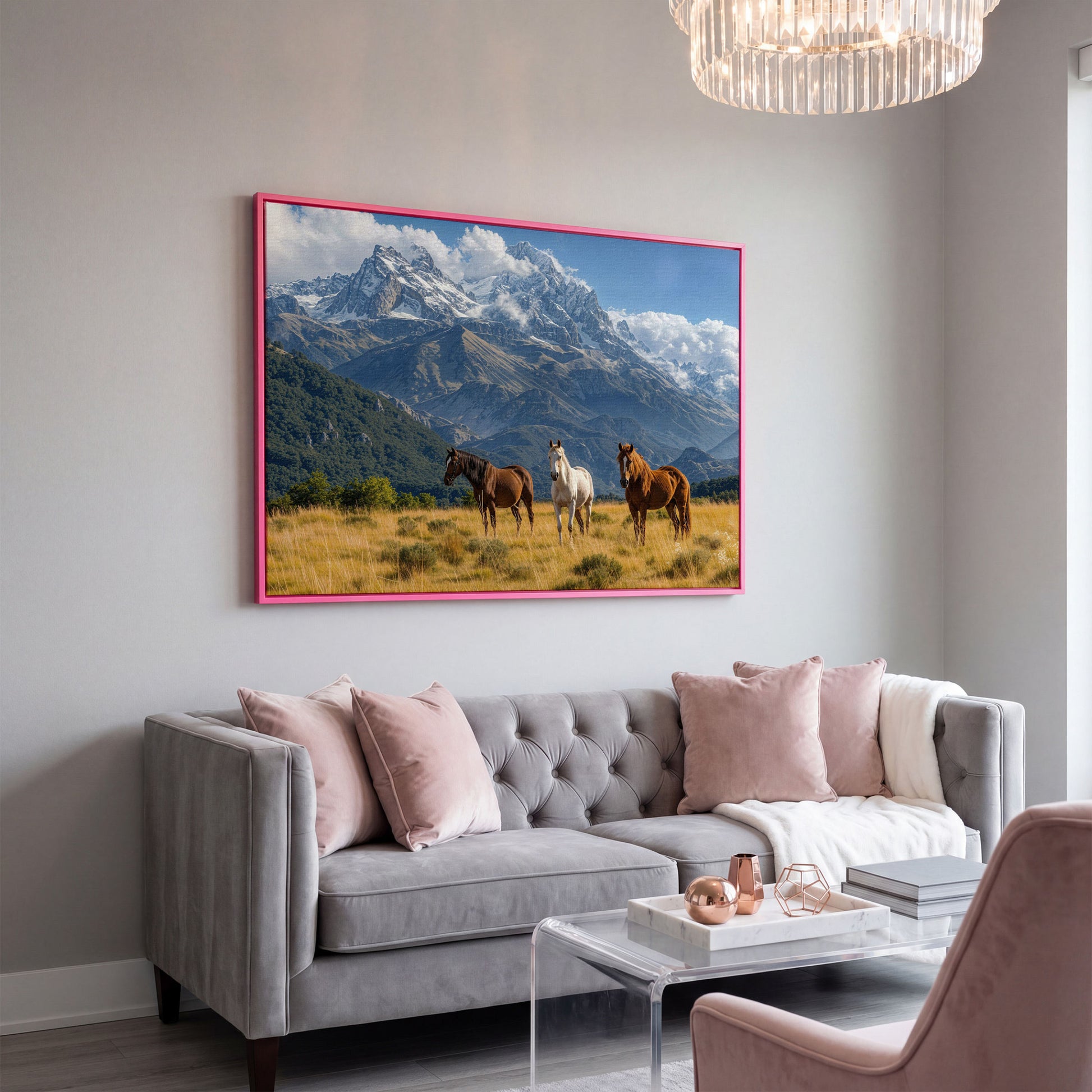 Grazing Horses in Alpine Light Canvas in pink floating frame
