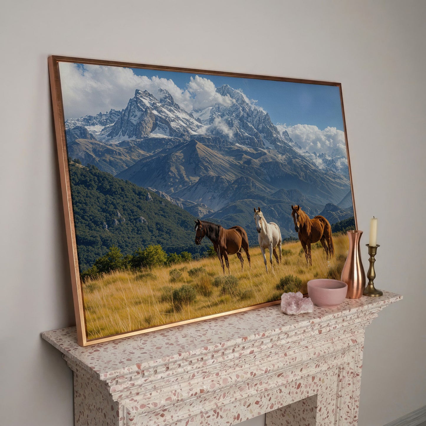 Grazing Horses in Alpine Light Canvas in rose gold floating frame