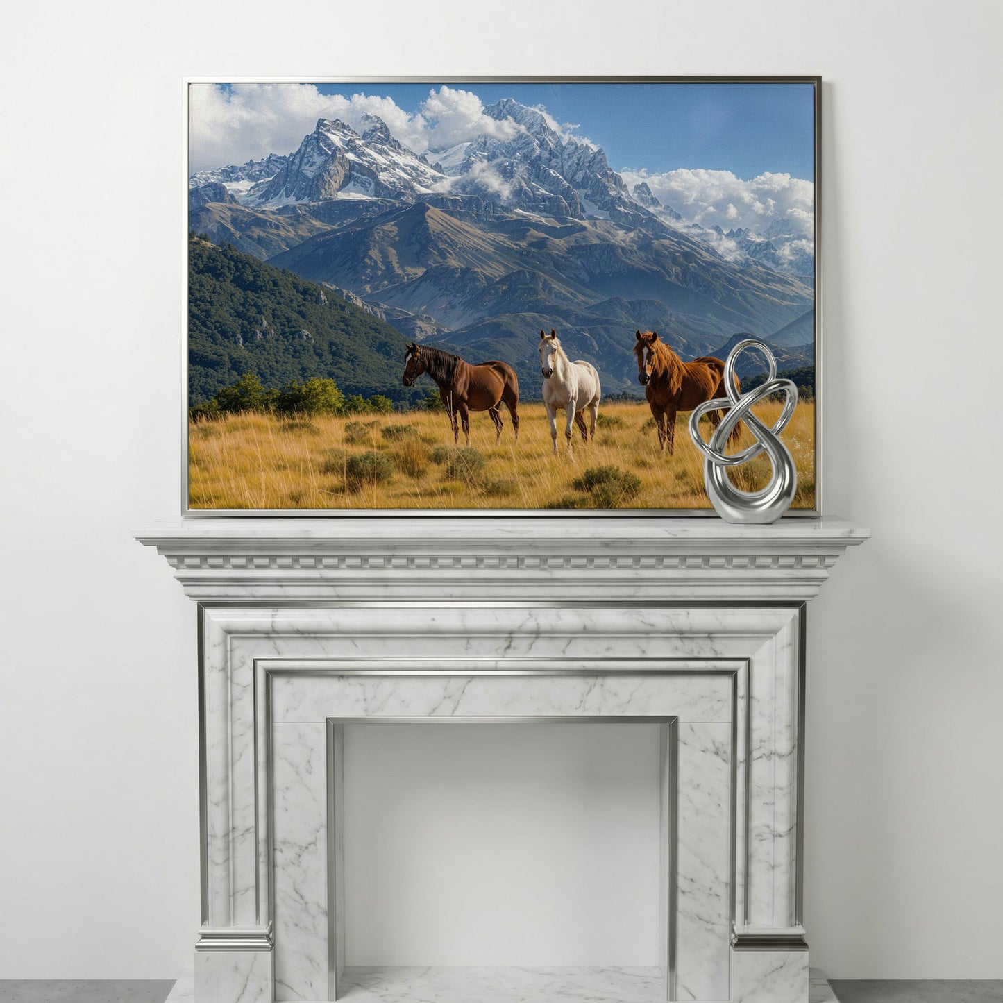 Grazing Horses in Alpine Light Canvas in silver floating frame