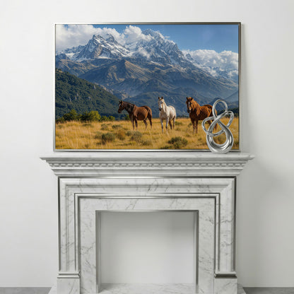 Grazing Horses in Alpine Light Canvas in silver floating frame