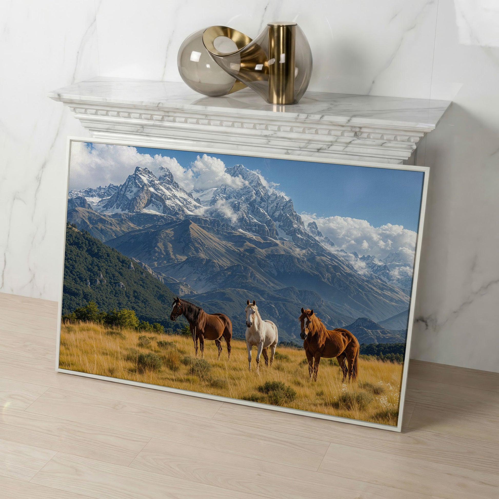 Grazing Horses in Alpine Light Canvas in white floating frame