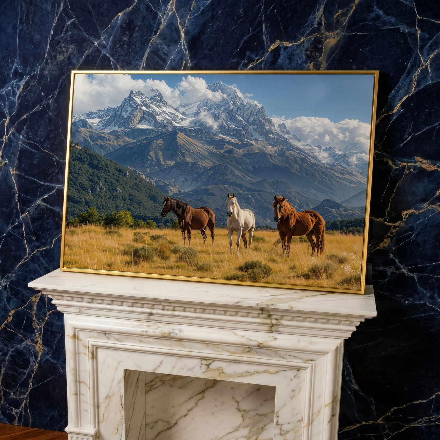 Grazing Horses in Alpine Light Canvas in yellow gold floating frame