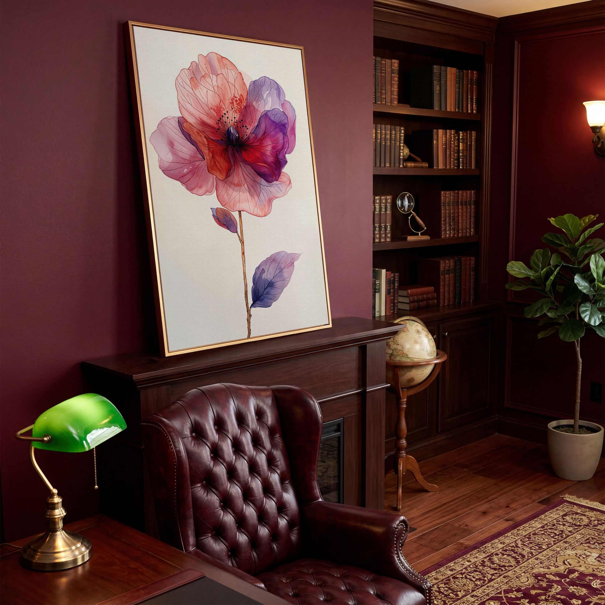 Watercolor Botanical Flower Canvas Art, Single Stem Portrait Print in antique gold floating frame