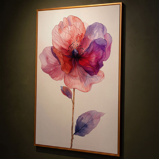Watercolor Botanical Flower Canvas Art, Single Stem Portrait Print shown in antique gold floating frame