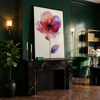 Watercolor Botanical Flower Canvas Art, Single Stem Portrait Print in black floating frame