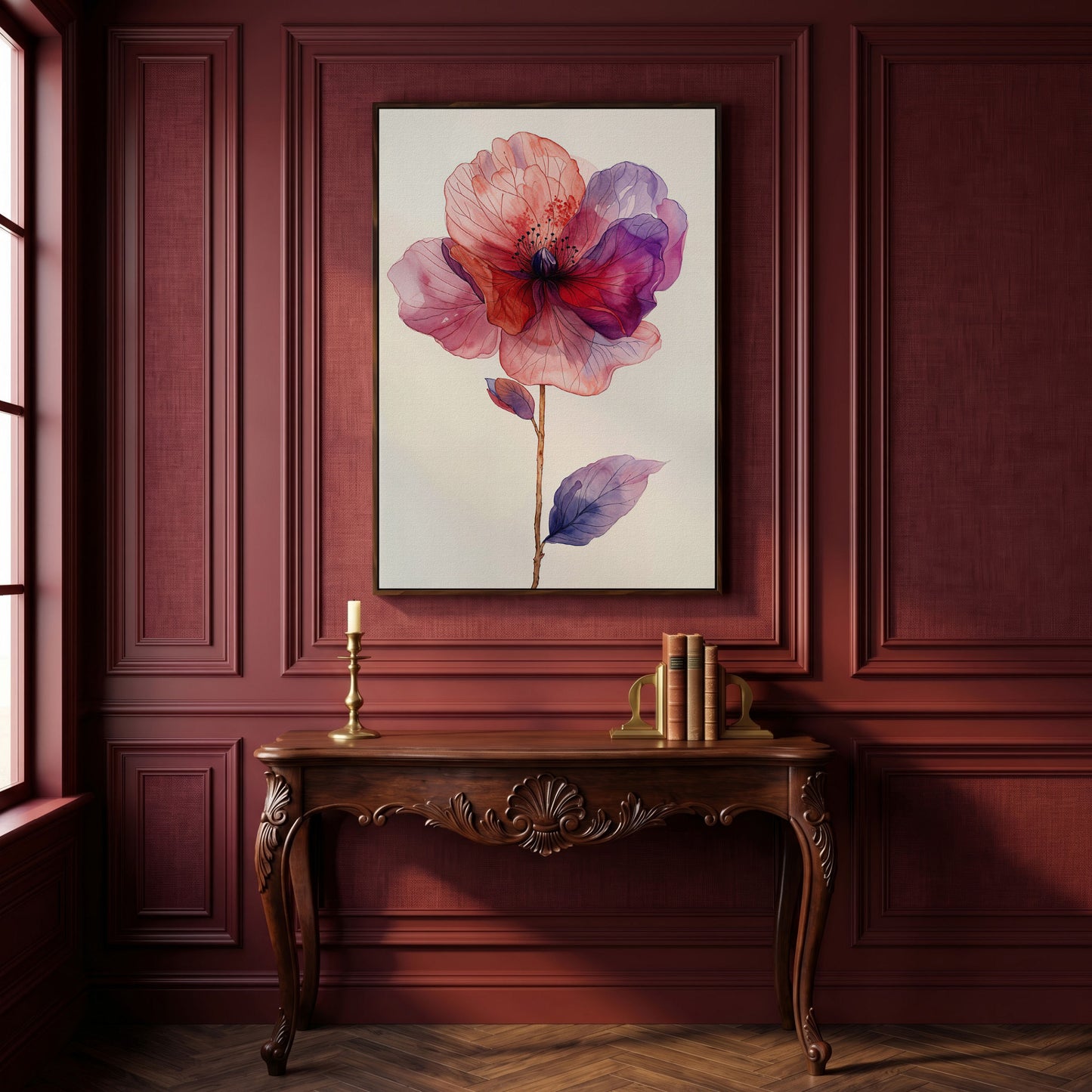 Watercolor Botanical Flower Canvas Art, Single Stem Portrait Print in dark walnut floating frame