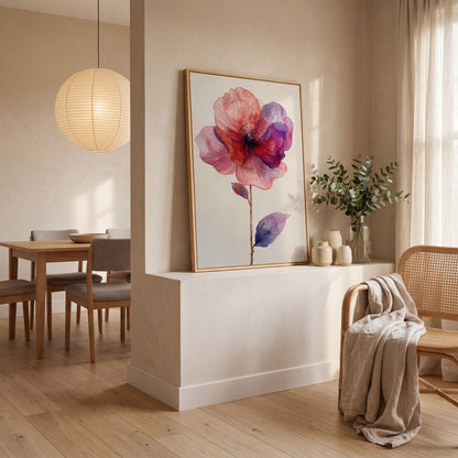 Watercolor Botanical Flower Canvas Art, Single Stem Portrait Print in white oak floating frame