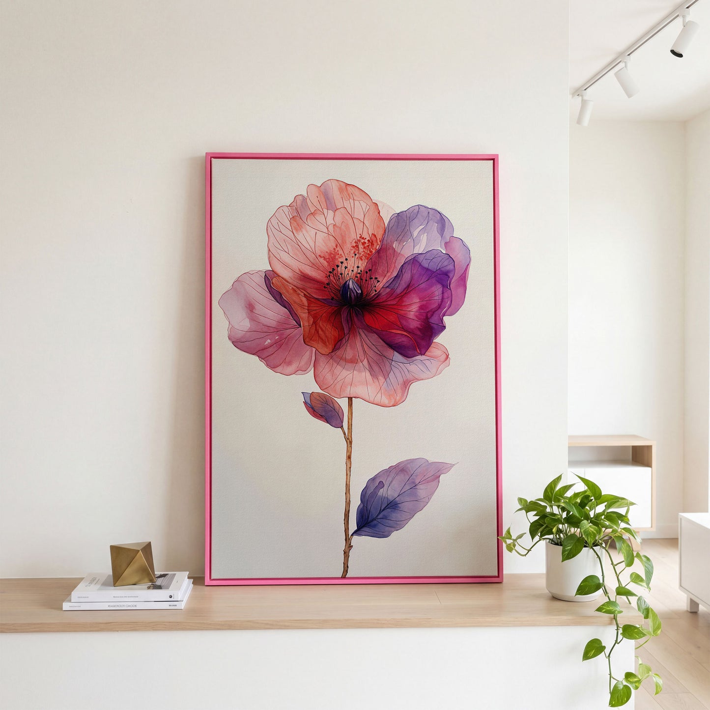 Watercolor Botanical Flower Canvas Art, Single Stem Portrait Print in pink floating frame