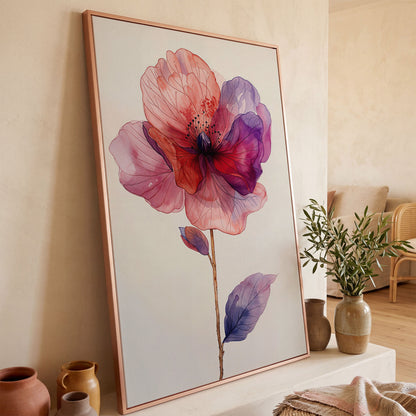 Watercolor Botanical Flower Canvas Art, Single Stem Portrait Print in rose gold floating frame