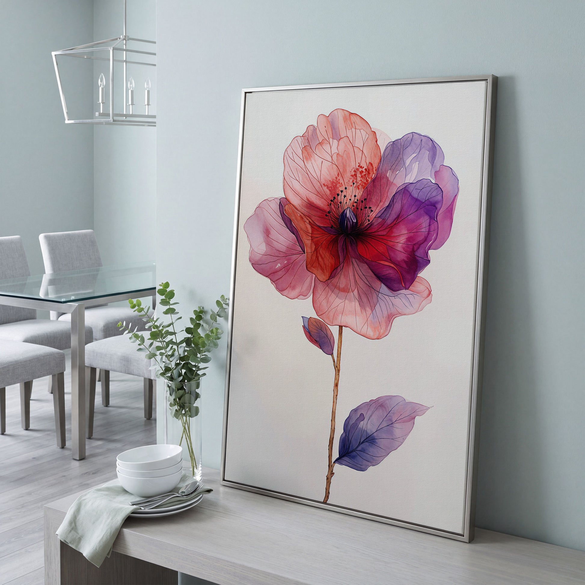 Watercolor Botanical Flower Canvas Art, Single Stem Portrait Print in silver floating frame