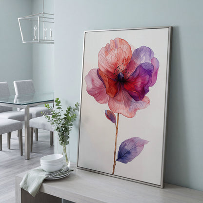 Watercolor Botanical Flower Canvas Art, Single Stem Portrait Print in silver floating frame
