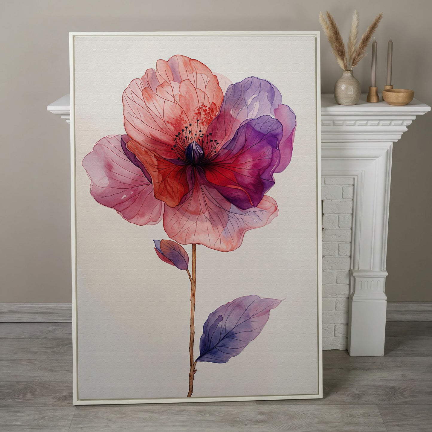 Watercolor Botanical Flower Canvas Art, Single Stem Portrait Print in white floating frame