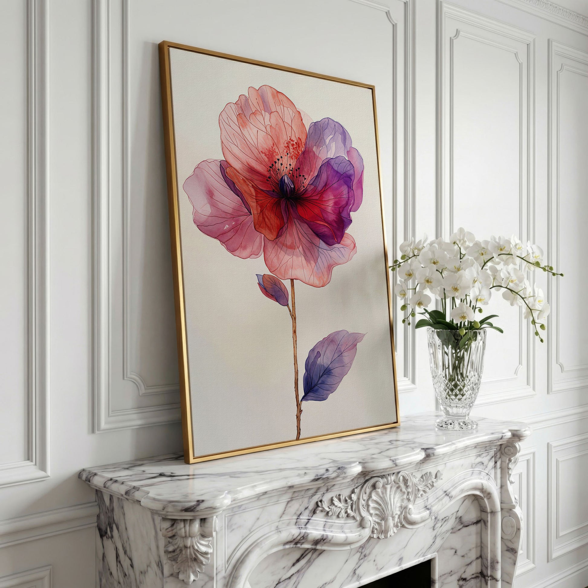 Watercolor Botanical Flower Canvas Art, Single Stem Portrait Print in yellow gold floating frame