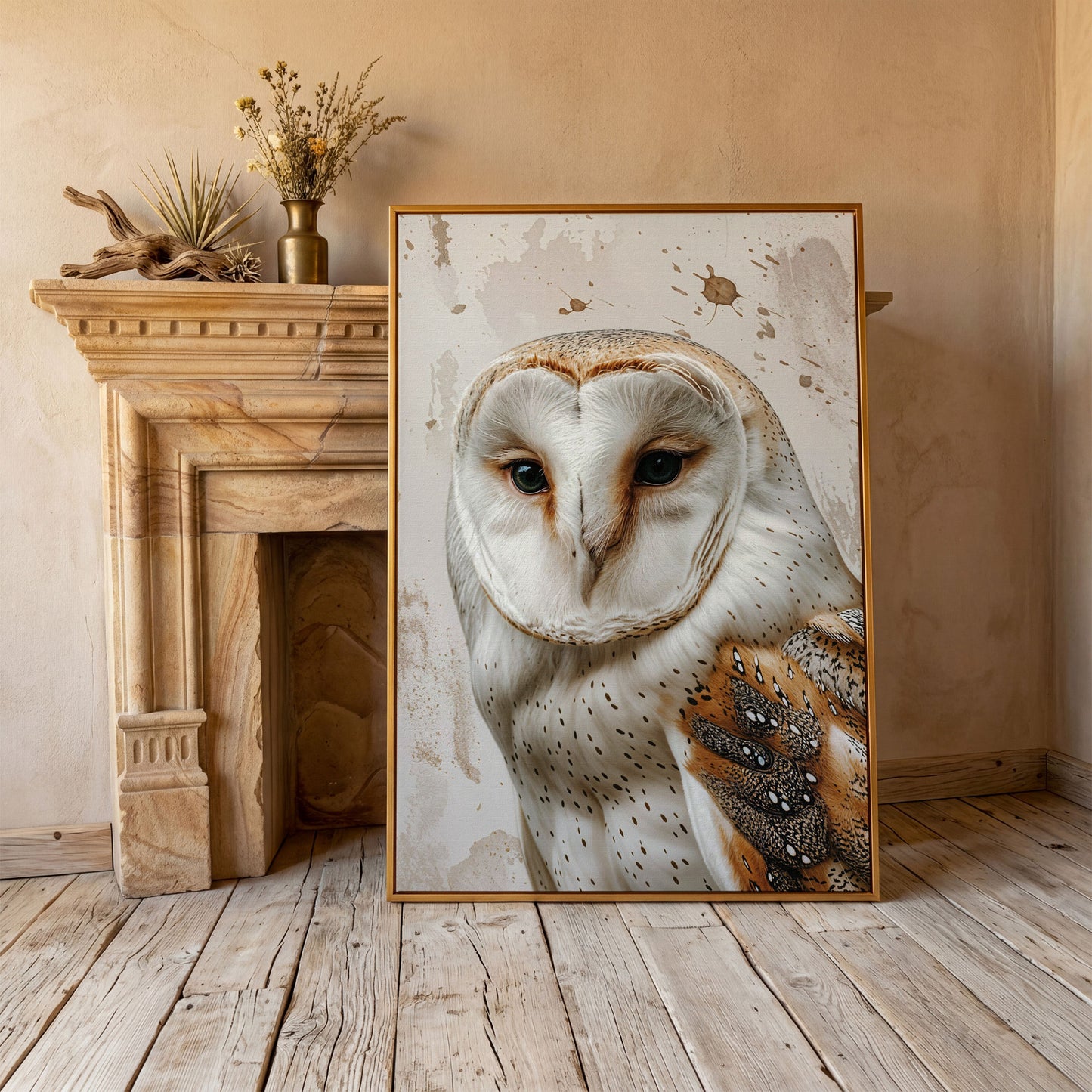 Barn Owl Portrait Canvas Wall Art, Owl Decor for Bird Lovers in antique gold floating frame