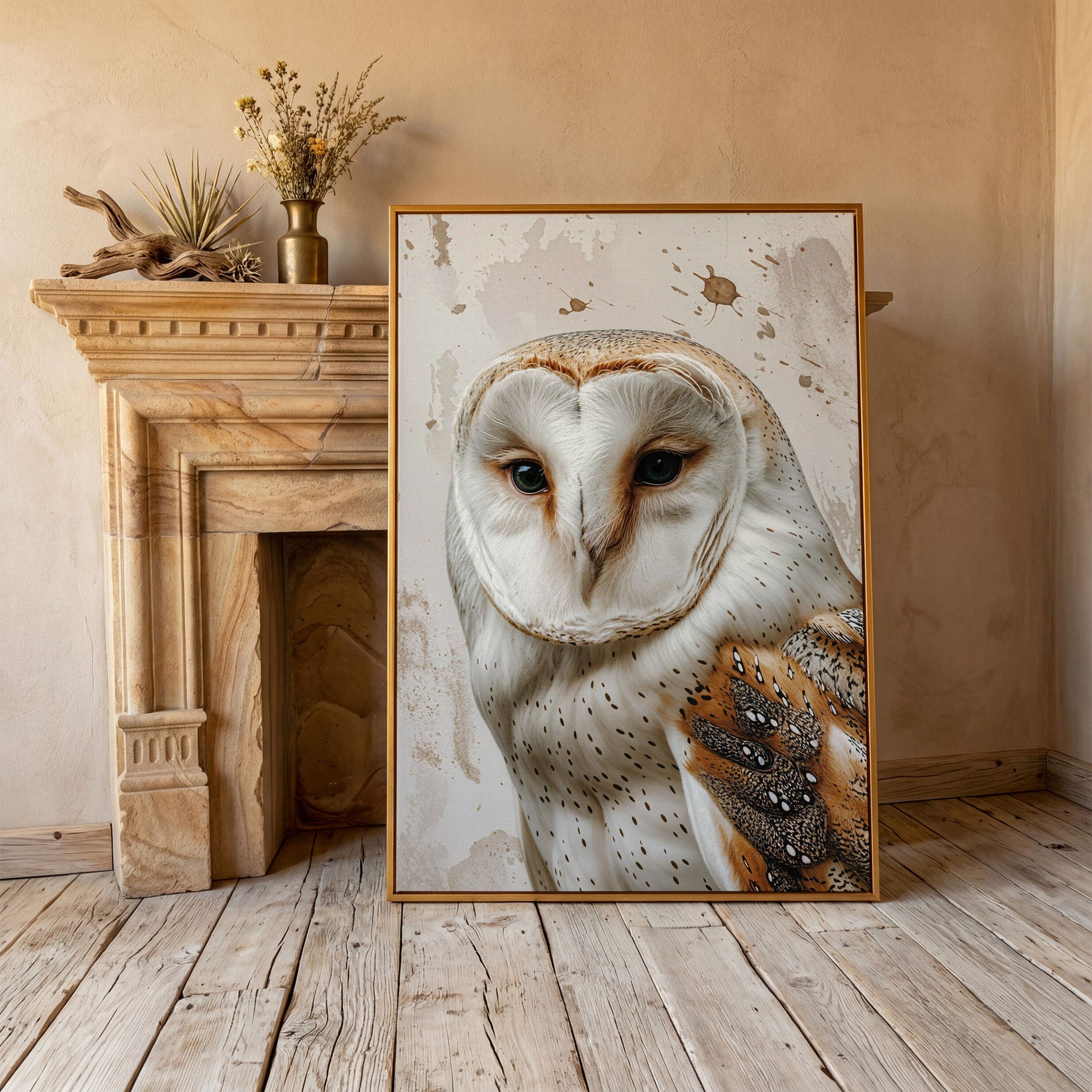 Barn Owl Portrait Canvas Wall Art, Owl Decor for Bird Lovers in antique gold floating frame