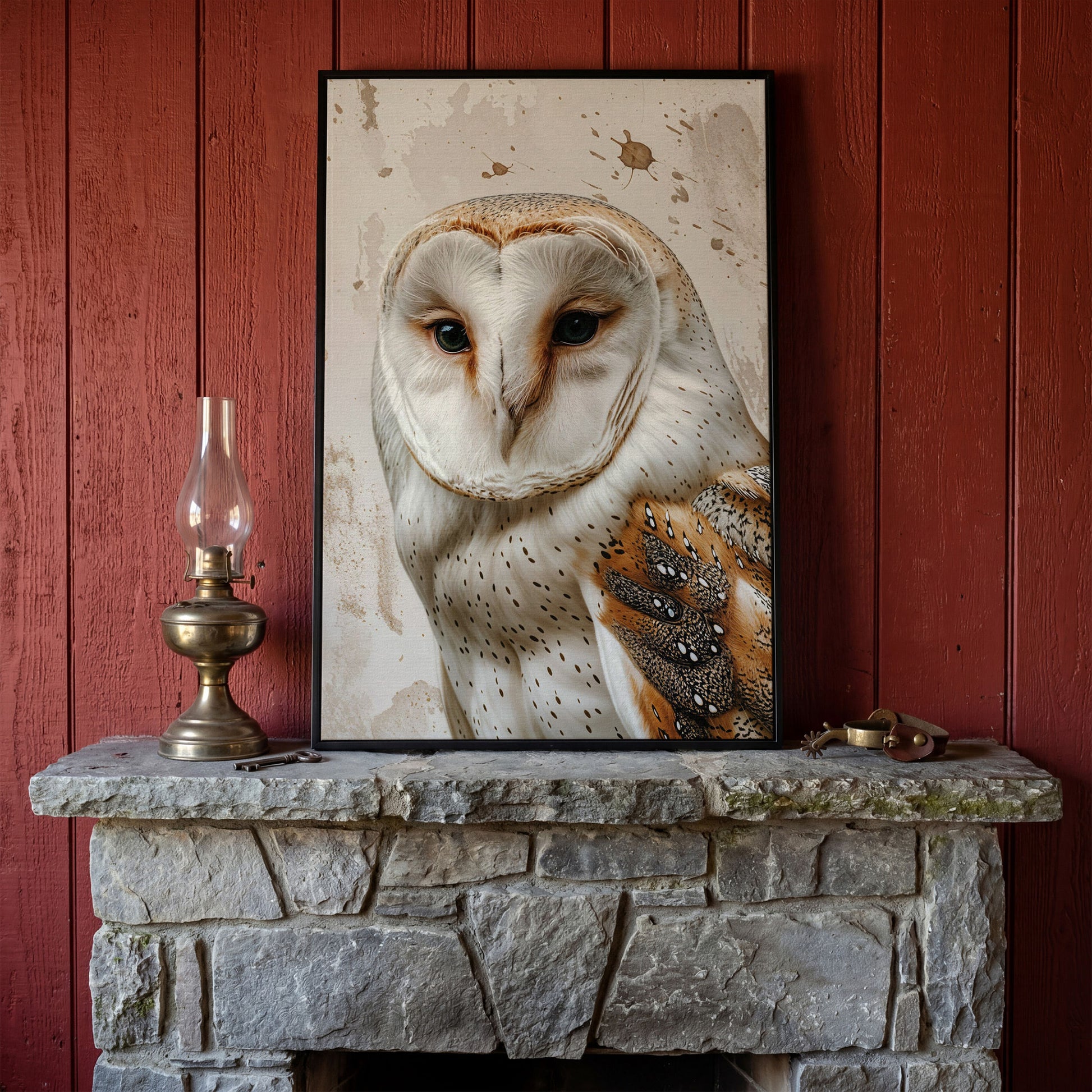 Barn Owl Portrait Canvas Wall Art, Owl Decor for Bird Lovers in black floating frame