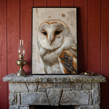 Barn Owl Portrait Canvas Wall Art, Owl Decor for Bird Lovers in black floating frame