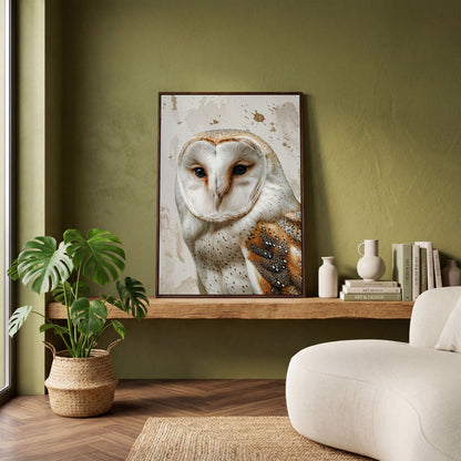 Barn Owl Portrait Canvas Wall Art, Owl Decor for Bird Lovers in dark walnut floating frame