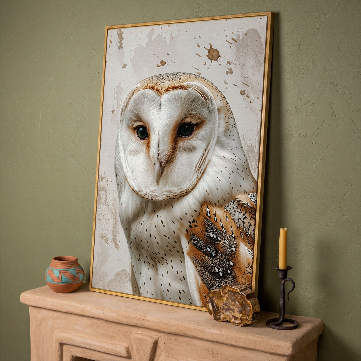 Barn Owl Portrait Canvas Wall Art, Owl Decor for Bird Lovers in white oak floating frame
