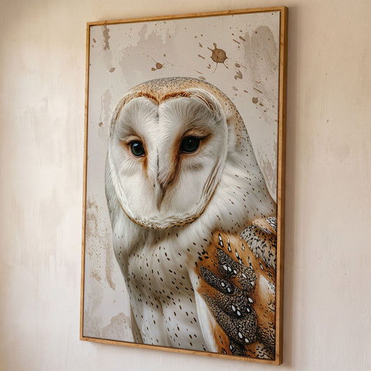 Barn Owl Portrait Canvas Wall Art, Owl Decor for Bird Lovers shown in white oak floating frame