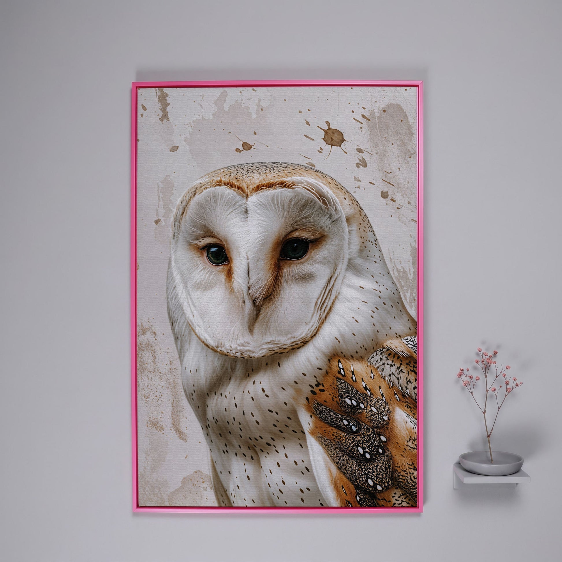 Barn Owl Portrait Canvas Wall Art, Owl Decor for Bird Lovers in pink floating frame