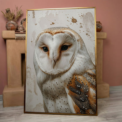 Barn Owl Portrait Canvas Wall Art, Owl Decor for Bird Lovers in rose gold floating frame