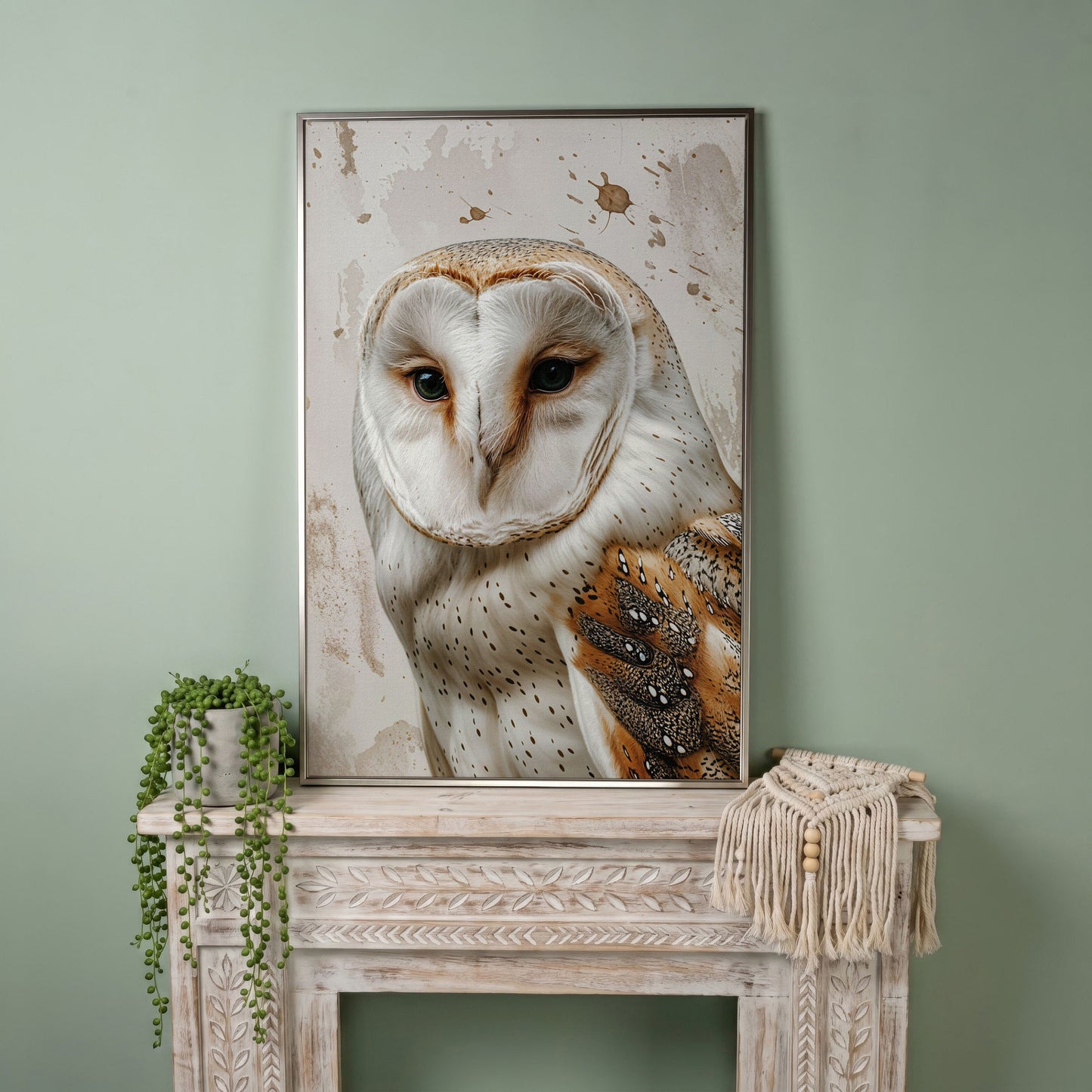 Barn Owl Portrait Canvas Wall Art, Owl Decor for Bird Lovers in silver floating frame