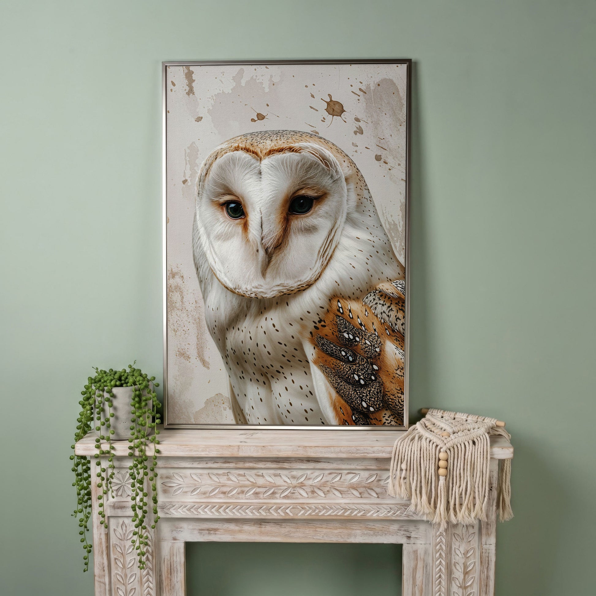 Barn Owl Portrait Canvas Wall Art, Owl Decor for Bird Lovers in silver floating frame