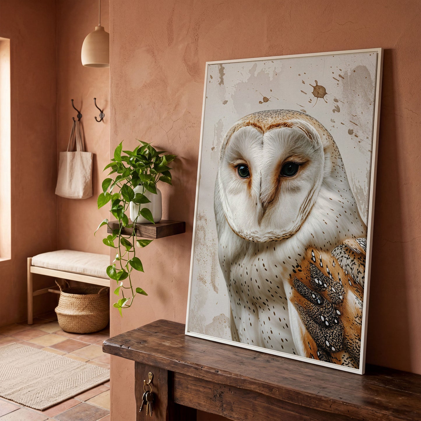 Barn Owl Portrait Canvas Wall Art, Owl Decor for Bird Lovers in white floating frame