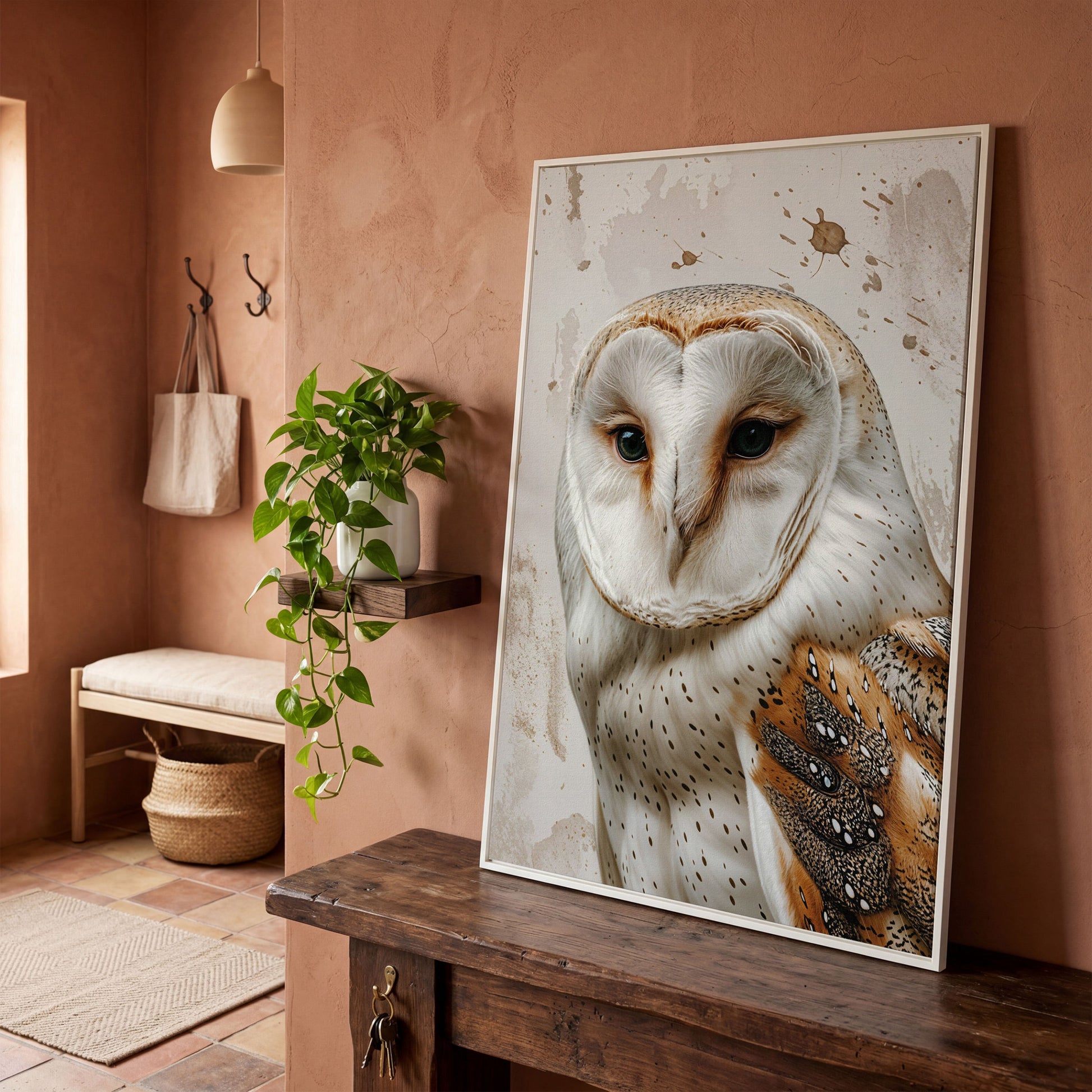 Barn Owl Portrait Canvas Wall Art, Owl Decor for Bird Lovers in white floating frame