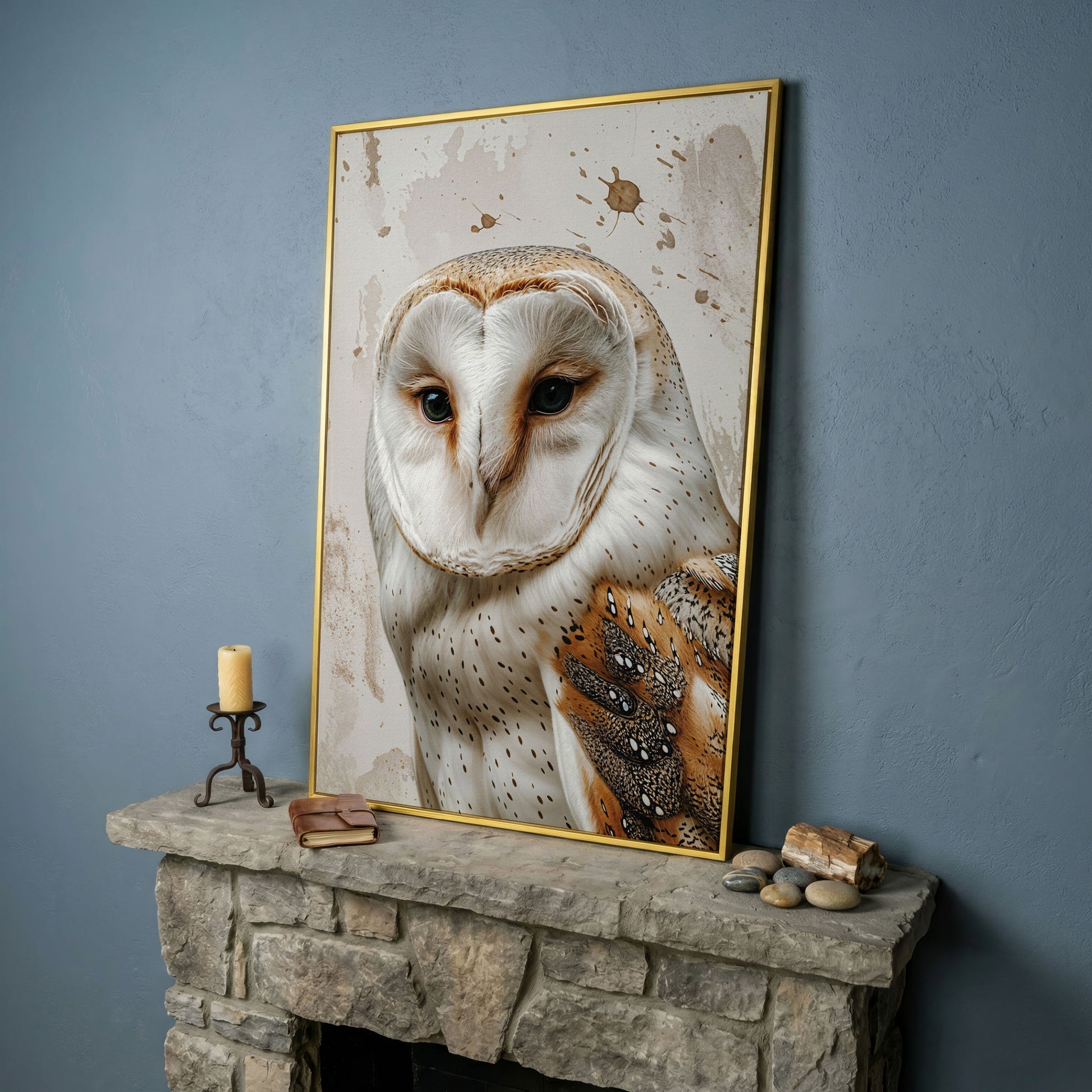 Barn Owl Portrait Canvas Wall Art, Owl Decor for Bird Lovers in yellow gold floating frame