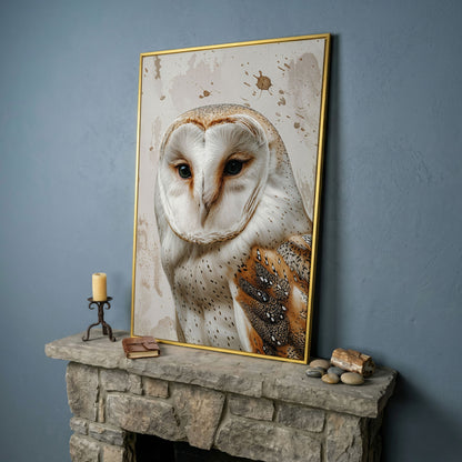 Barn Owl Portrait Canvas Wall Art, Owl Decor for Bird Lovers in yellow gold floating frame