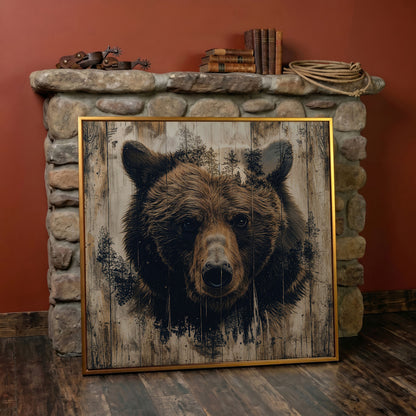 Grizzly Bear Canvas Print, Rustic Animal Wall Art in antique gold floating frame