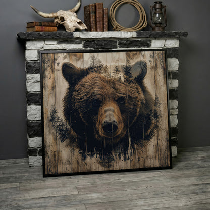 Grizzly Bear Canvas Print, Rustic Animal Wall Art in black floating frame