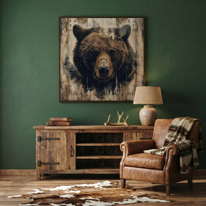 Grizzly Bear Canvas Print, Rustic Animal Wall Art in dark walnut floating frame