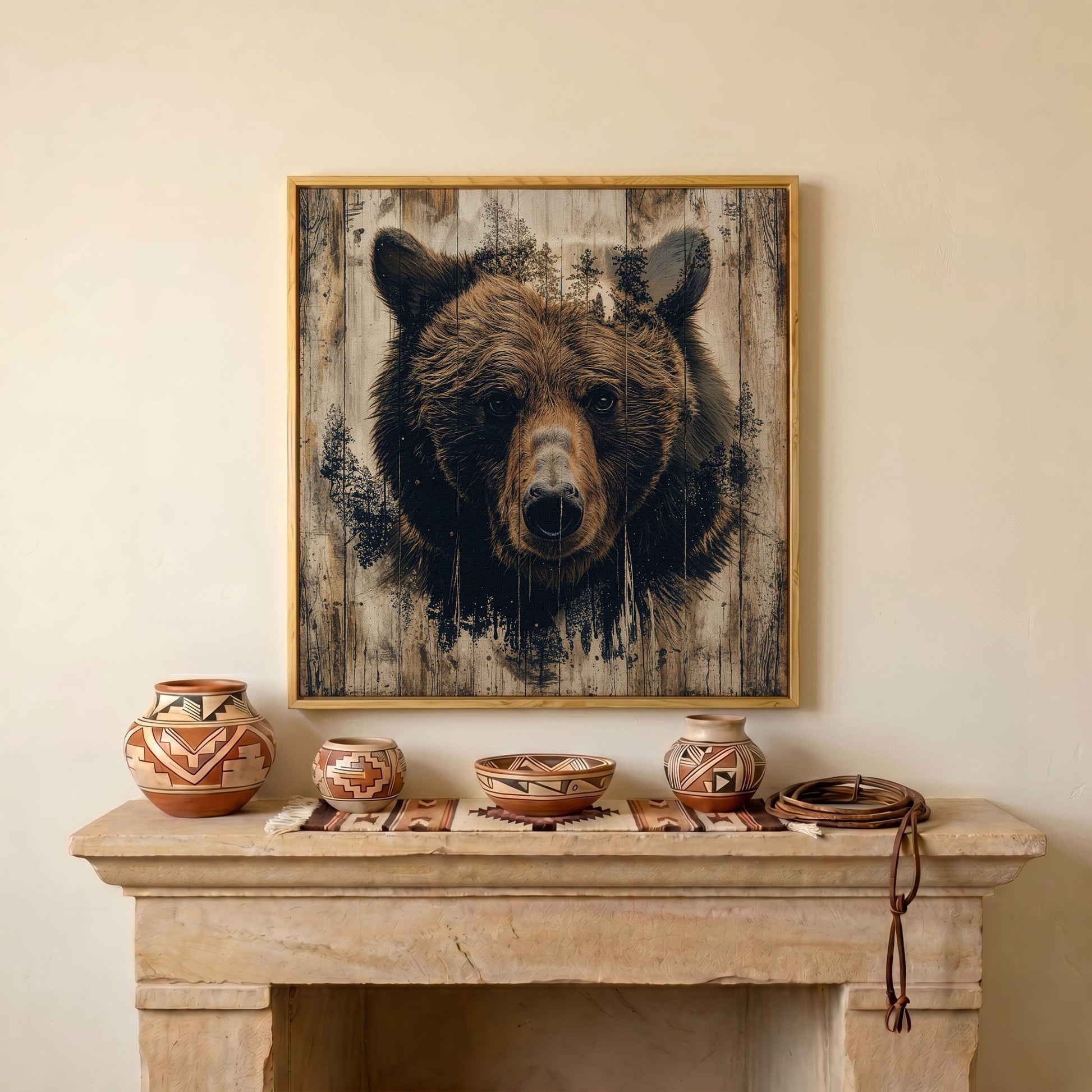 Grizzly Bear Canvas Print, Rustic Animal Wall Art in white oak floating frame