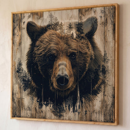 Grizzly Bear Canvas Print, Rustic Animal Wall Art shown in white oak floating frame