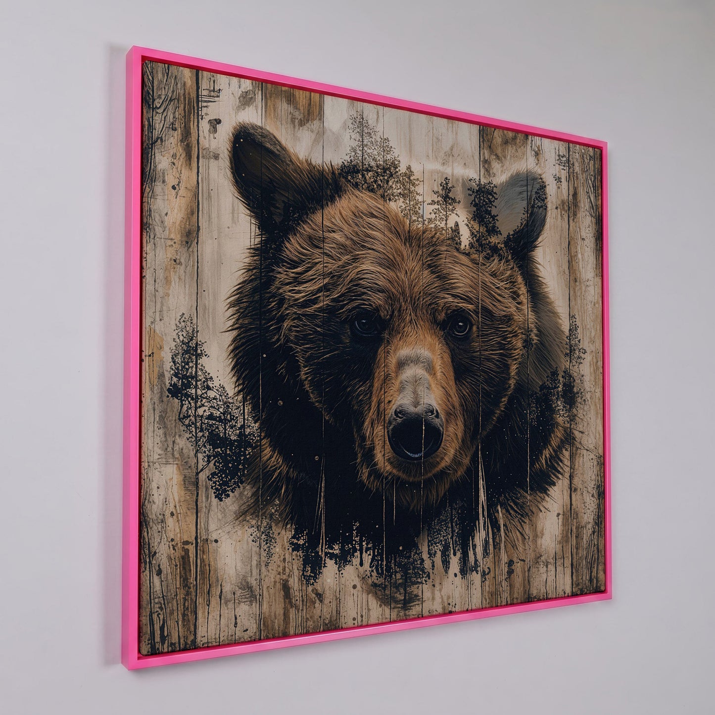 Grizzly Bear Canvas Print, Rustic Animal Wall Art in pink floating frame