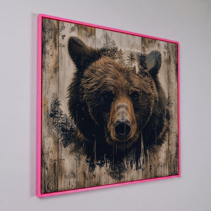 Grizzly Bear Canvas Print, Rustic Animal Wall Art in pink floating frame
