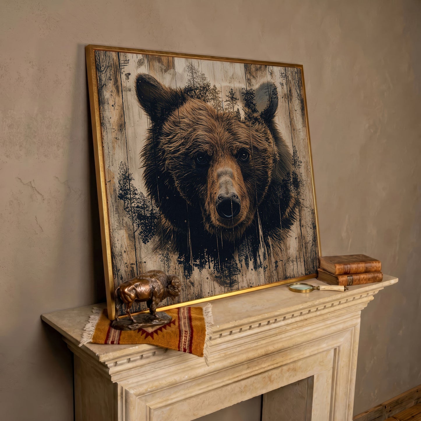 Grizzly Bear Canvas Print, Rustic Animal Wall Art in rose gold floating frame