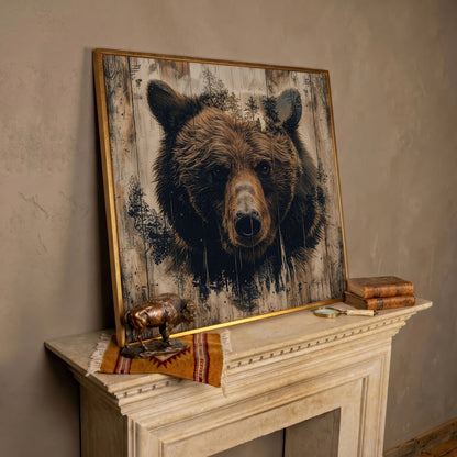 Grizzly Bear Canvas Print, Rustic Animal Wall Art in rose gold floating frame