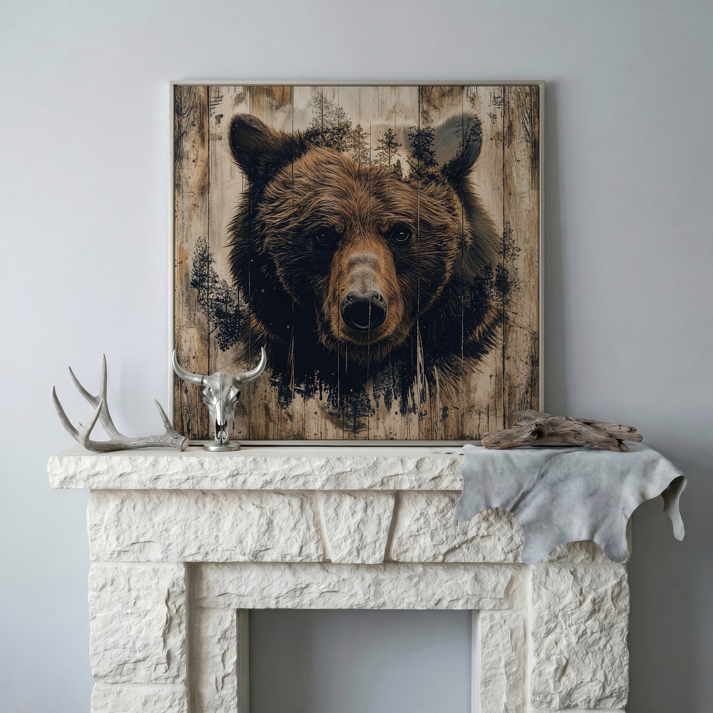 Grizzly Bear Canvas Print, Rustic Animal Wall Art in silver floating frame