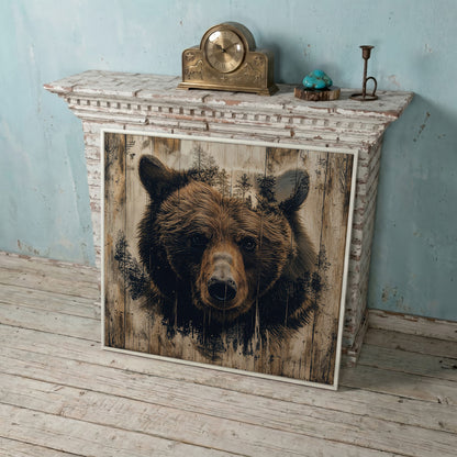 Grizzly Bear Canvas Print, Rustic Animal Wall Art in white floating frame