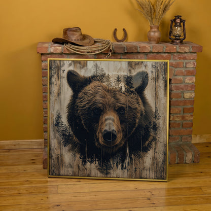 Grizzly Bear Canvas Print, Rustic Animal Wall Art in yellow gold floating frame