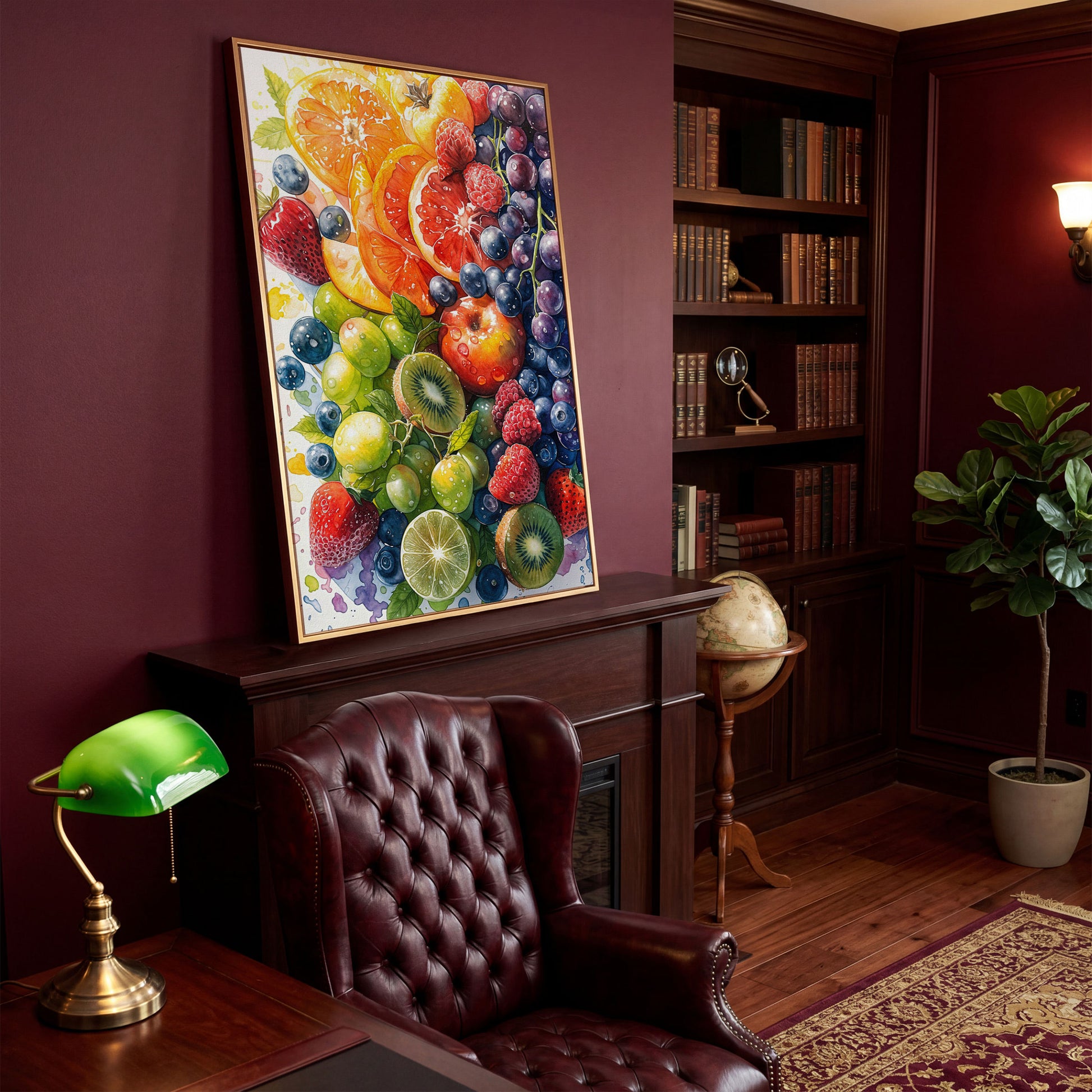 Fresh Fruit Medley Canvas Wall Art: Citrus, Berries and Kiwi in antique gold floating frame