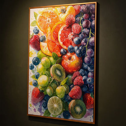 Fresh Fruit Medley Canvas Wall Art: Citrus, Berries and Kiwi shown in antique gold floating frame